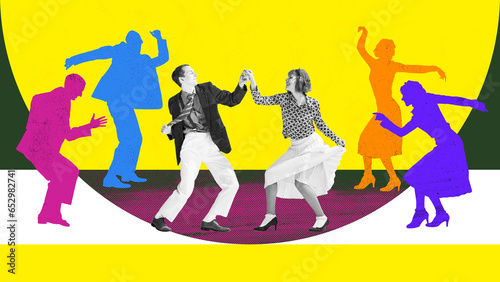 Happy, young, cheerful people dancing over colorful background. Dace club, party, date. Concept of retro dance and vintage, hobby, creativity and inspiration. Colorful design. Poster, ad