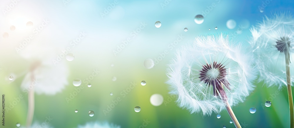 Beautiful nature close up of a dandelion in the morning sunlight after rain with soft colors and a peaceful atmosphere Surrounded by lush foliage and dandelion seeds it captures the wonders