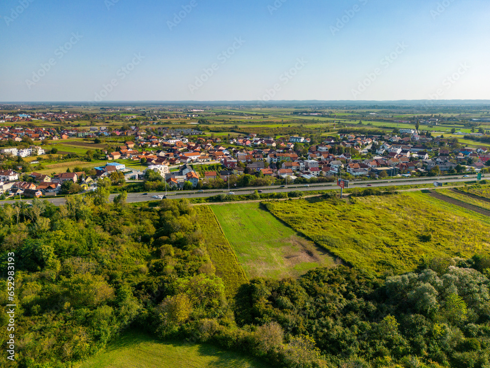 Aerial view of Zagreb city Blato suburb on the southern outskirts of the city and vast agricultural fields