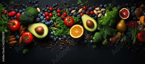 Healthy food background. Fruit, vegetable, seeds, superfood, cereals, leaf vegetable Healthy food concept. Created with Generative AI © Yevhen