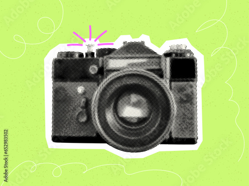 photo shoot concept with vintage photo camera isolated on lime green background retro grunge dotted halftone vector cutout collage design