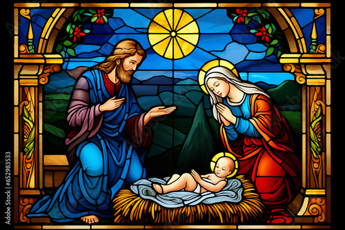 A nativity scene in stained glass window