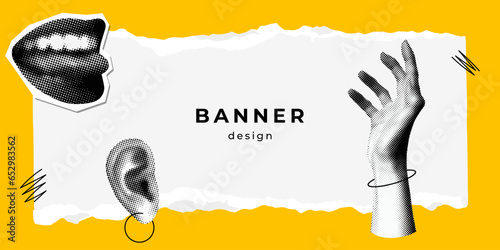 Modern banner design with halftone body parts. Background with hand, lips, ear. Y2K style. Trendy vintage newspaper parts. Torn paper. Retro halftone collage. Template with smiling mouth. Comics style