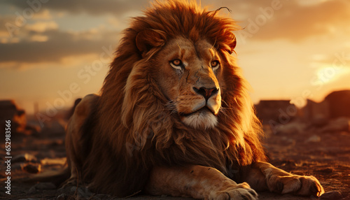 Majestic lion resting in the African savannah  looking at camera generated by AI