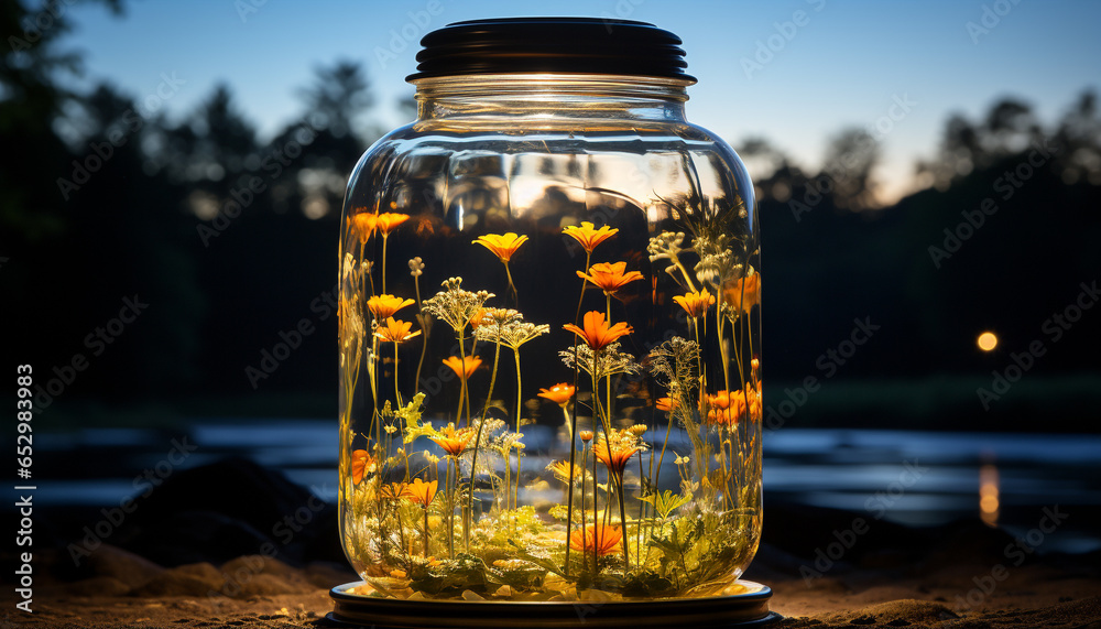 Nature beauty reflected in a glass jar, sunset golden hues generated by AI