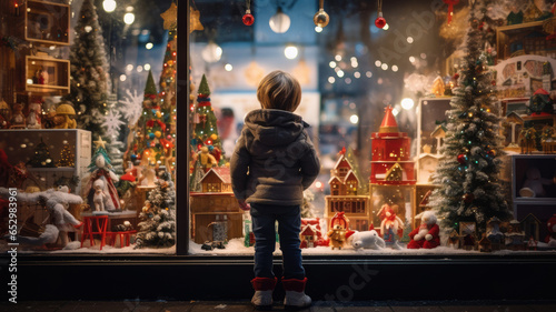 A child stands in front of a toy store window on Christmas Eve. photo
