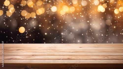 Christmas trees with bokeh light in snow with empty wooden table and festive bokeh at christmas time  generative ai