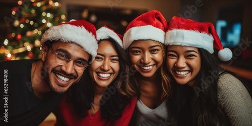 Cheerful young people with santa hat celebrate New Year together at home