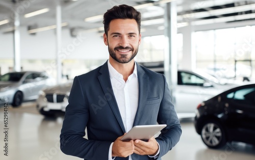 Sales man at a car showroom, holding tablet and smiling to the camera. Generative AI