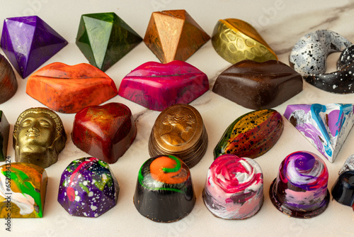Tableau sur toile chocolate bonbons with colorful design and assorted flavors
