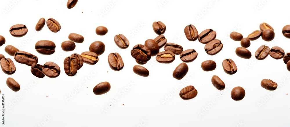 Coffee beans falling on white background for coffee product advertising with selective focus Coffee beans falling on white background for coffee product advertising with selective focus