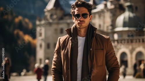 Stylish Man in elegant attire posing in front of vintage castle