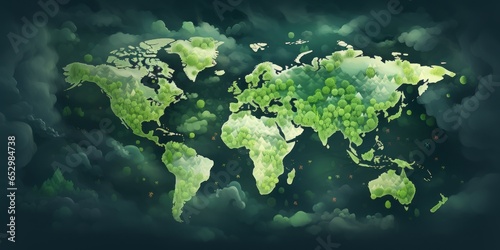Fototapeta Naklejka Na Ścianę i Meble -  World Map Encircled by a Flourishing Forest, Shrouded in Clouds, Symbolizing the Earth as a Breathing Entity Amidst the Challenges of Climate Change