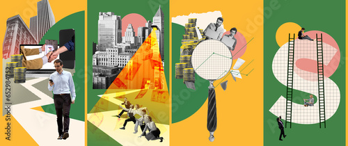 Businesspeople, employees working in financial sphere, checking analytics and trading activity. Contemporary art collage. Concept of business, office, trade market, success, growth. Poster, ad