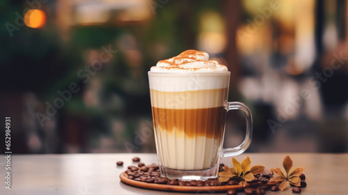 glass of latte coffee on a table, street view, autumn