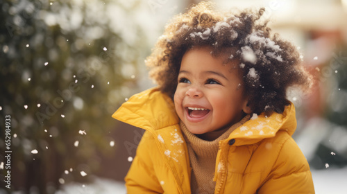 portrait of a happy young mixed race toddler in a  yellow coat, sun is shining, falling snow
