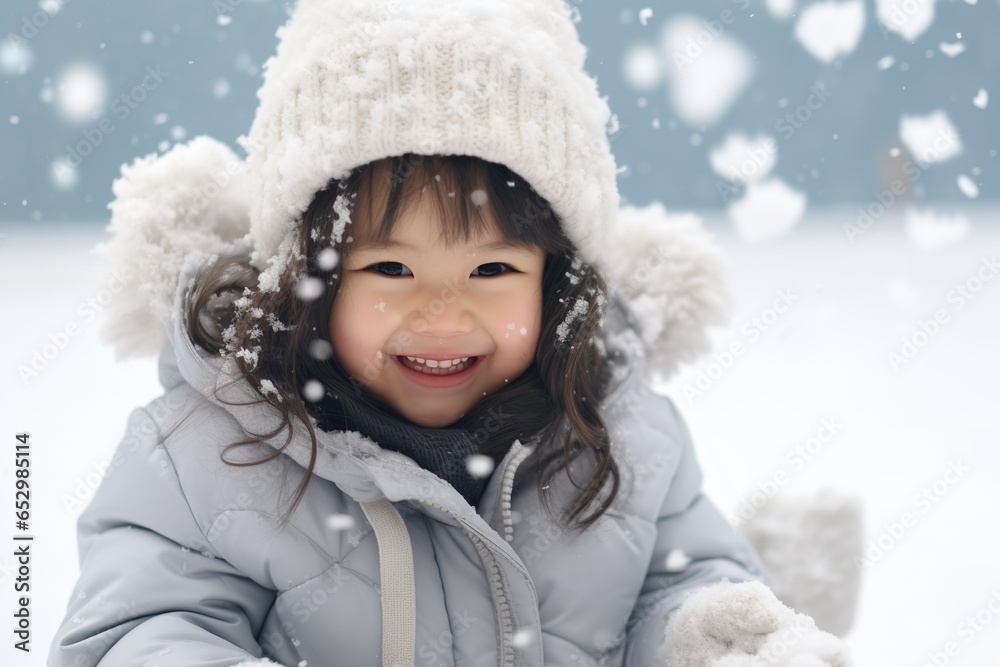 An asian girl toddler wiearing a beanie and coat kneeling and playing with snow snowy winter day white christmas season frozen joy | Generative AI An asian girl toddler wiearing a beanie and coat kneeling and playing with snow snowy winter day white christmas season frozen joy | Generative AI