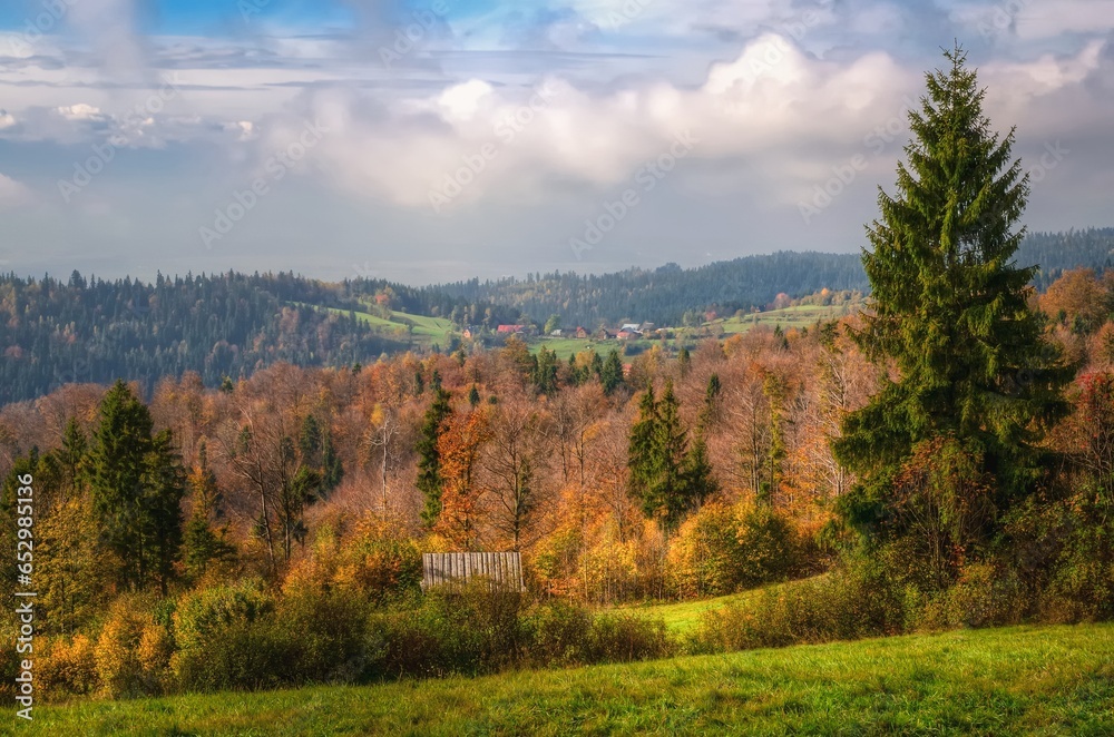 Highland landscape. View of wooden hut on the glade in the forest, Beskids mountains in autumn season. Highland landscape. View of wooden hut on the glade in the forest, Beskids mountains in autumn season.