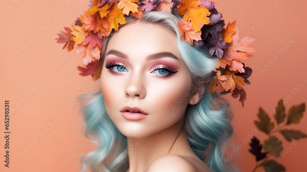 autumn queen beautiful woman wearing pastel makeup