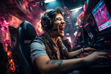 happy male teen winner plays at computer in online esports games championship