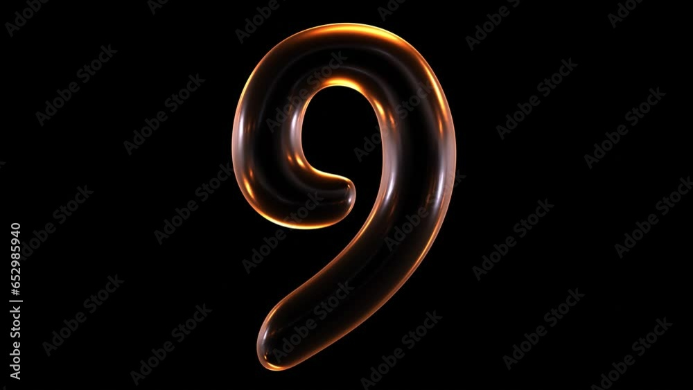 Seamless animation of glowing number 9 with light and reflections isolated on black background in 3d rendering. Seamless animation of glowing number 9 with light and reflections isolated on black background in 3d rendering.