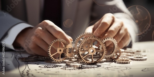 Businessman Engages in Creative Design, Drawing Gears on His Hand, Demonstrating Innovation and Forward-Thinking as He Ponders Conceptualization and Strategy in the World of Business and Technology