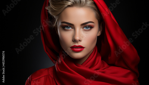 A beautiful young woman with blond hair and elegant fashion generated by AI
