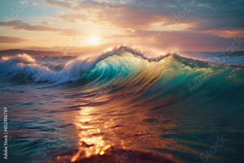 Beautiful Rolling Ocean Wave at the Golden Hour. Serene and Colorful. Generative AI photo