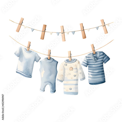 Cute baby clothes on clothesline. Watercolor clipart.