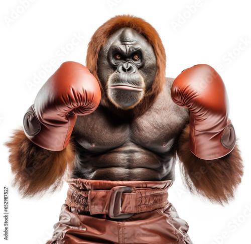 Orangutan ape boxer with boxing gloves in action AI image illustration. Funny animal boxers concept. 