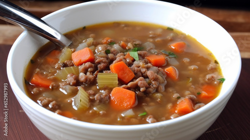 Sausage and Lentil Soup - A hearty soup made with sausage, lentils, and vegetables like carrots and celery, often flavored with herbs like thyme and rosemary.