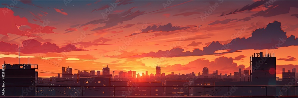 Sunset over the city. Sunset background. Landscape wallpaper anime style. 