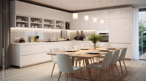 Modern kitchen interior with dining table.
