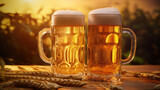 Beer Mugs with Wheatgrass Background
