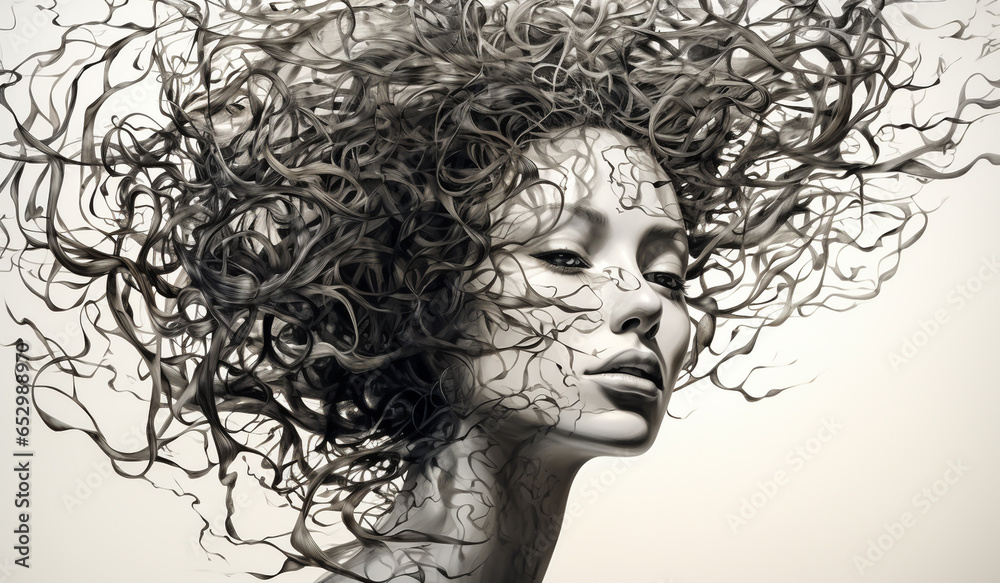 Fototapeta premium Anatomical human body covered with branches and roots. Woman tree concept. AI generated