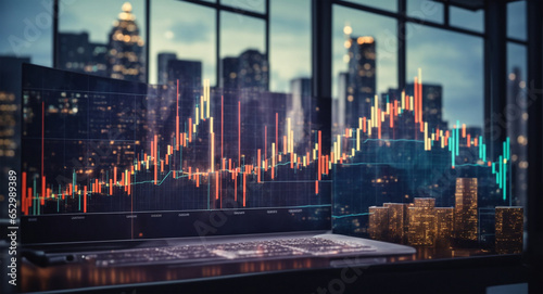 Big data chart on city backdrop.Trade technology, and investment analysis.Business development, financial plan and strategy.Analysis finance graph and market chart investment. 