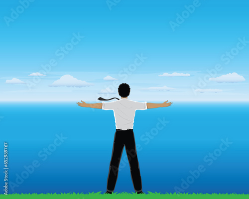 vector design of a man coming home from work wearing a white shirt and black trousers and a tie standing spreading his arms towards the blue sky and blue ocean