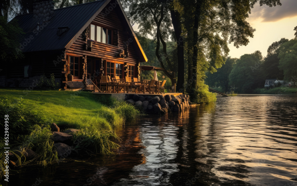 Fototapeta premium A house by the river with sauna. Generative AI