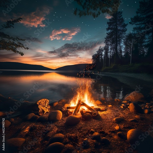 Glowing campfire by the lake. Sunset with open flames  fire  and logs. Camping on the beach at night. Serene lake landscape   Generative AI