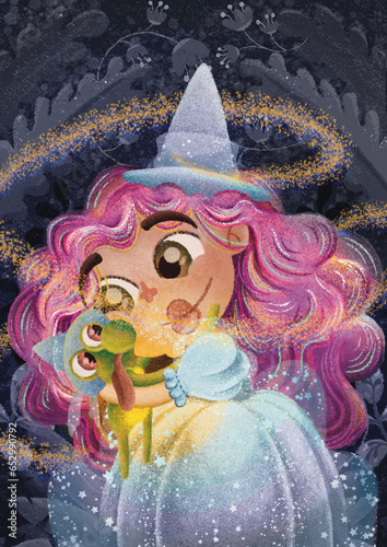 DTIYS challenge by illustrator Brenda Bossato, featuring a magical princess holding a small green frog. The princess's hair is super colorful, pink and her dress is light blue with transparency.  photo