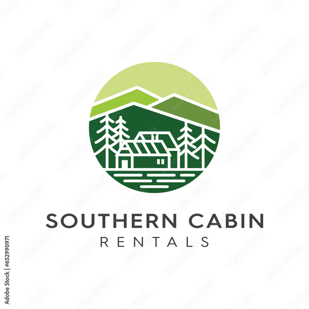 southern cabin rentals house in the woods logo design