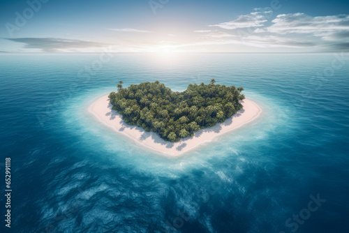 Top view of small exotic island with deep turquoise and emerald open ocean sea