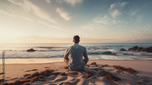 Man sitting on a sand beach and looking to the sea. Peaceful place to relax and meditate. Calm weather.