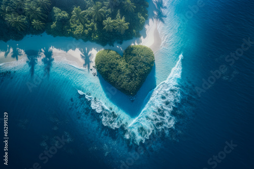 Top view of small exotic island with deep turquoise and emerald open ocean sea