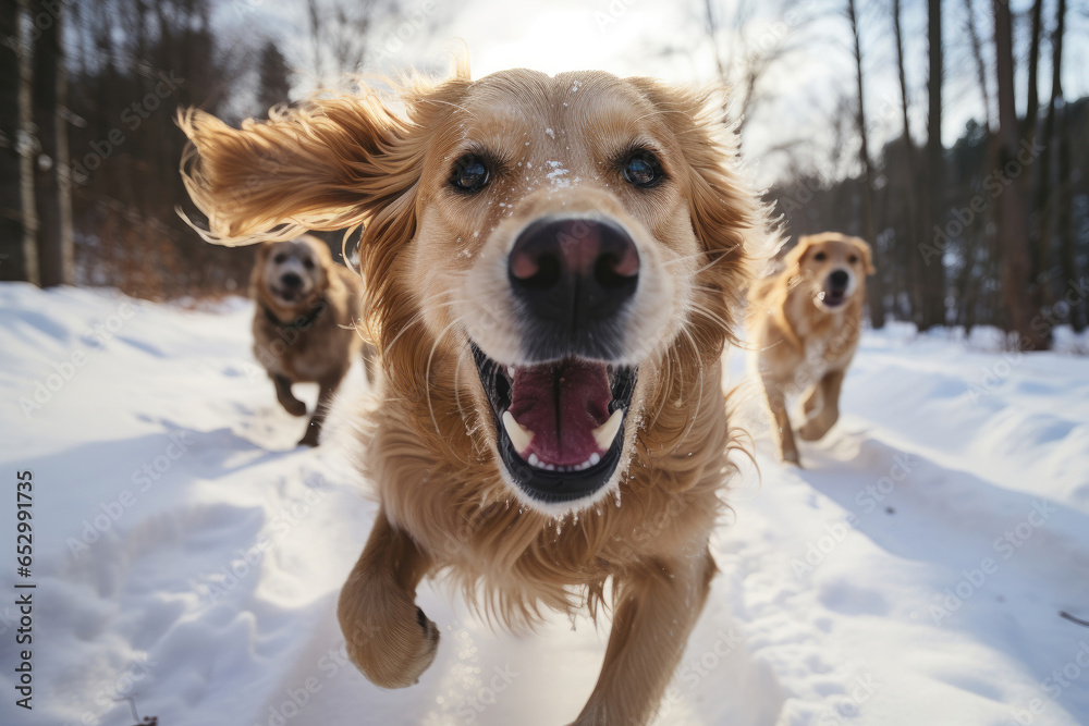 Dog runs happily with his mouth open. Golden retriever enjoying winter walk. POV. Christmas realistic illustration. Concept of pet care, domestic animal, joy, happiness, mental health. Generative AI