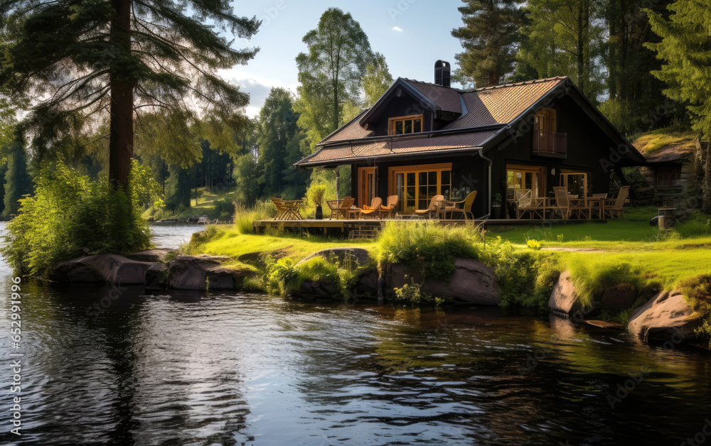 A house by the river with sauna. Generative AI A house by the river with sauna. Generative AI
