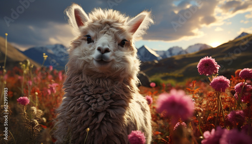 A fluffy alpaca grazes in the meadow, enjoying the sunset generated by AI © grgroup