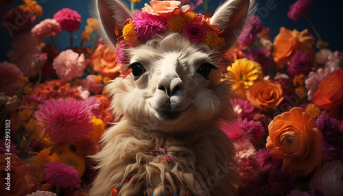A cute fluffy alpaca with a pink crown in a field generated by AI