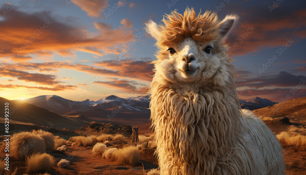 Obraz premium A fluffy alpaca grazes in the meadow, bathed in sunset generated by AI