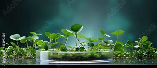 Top down view of a lab background showing a petri dish with Gotu Kola and a see through podium for plant advertising
